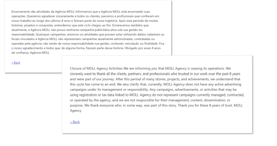 Figure 64. Agência Moll’s closure notice, in Portuguese with an English translation.