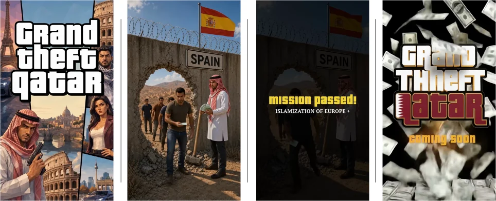 Figure 27. Frames from Grand Theft Qatar, including the Spanish border sequence.