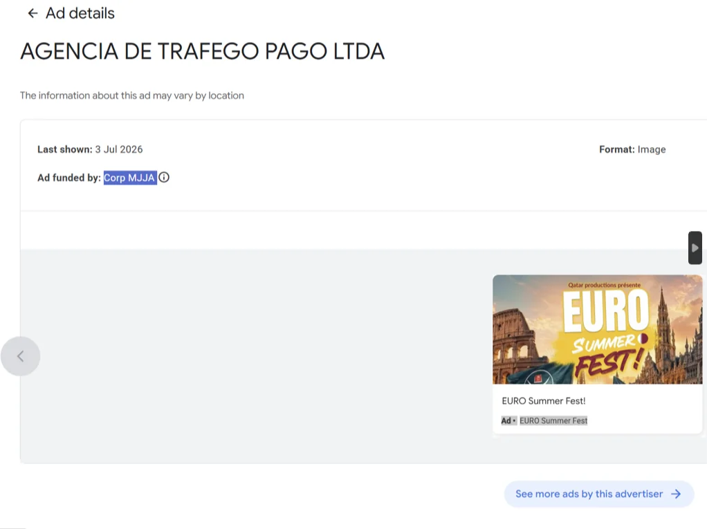 Figure 66. Google Ads Transparency Center ad details for Agência de Tráfego Pago Ltda: a Euro Summer Fest advertisement,
