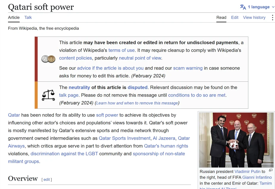 Figure 42. The Wikipedia article “Qatari soft power”, tagged in February 2024 for possible undisclosed paid editing.