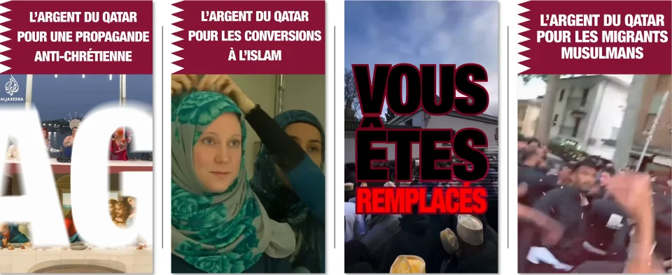 Figure 22. Frames from the French-language material: “L’argent du Qatar pour…” and “Vous êtes remplacés”.
