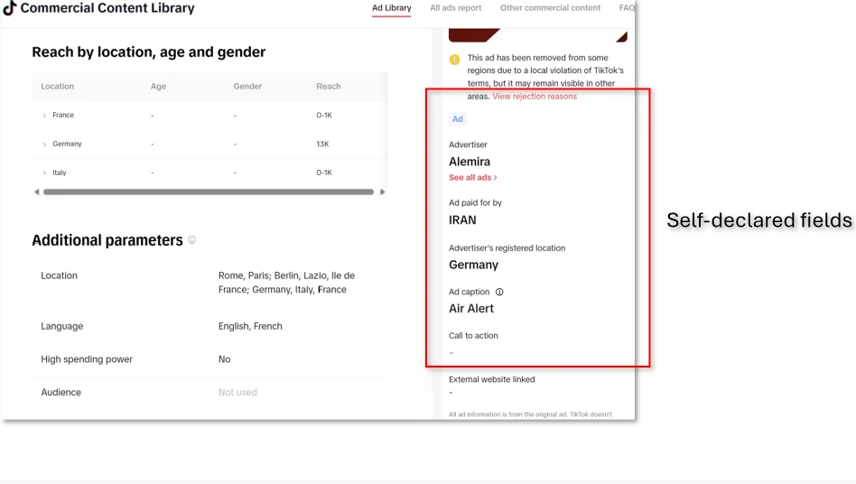 Figure 67. TikTok Ad Library entry for an Air Alert advertisement: Alemira as advertiser, “IRAN” as payer and Germany as