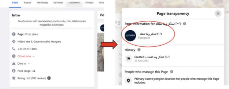 Figure 81. Page transparency for حرب ٢٠٠٦ تنذكر وما تنعاد: a page created on 26 June 2012 as a pizza restaurant in Gávav