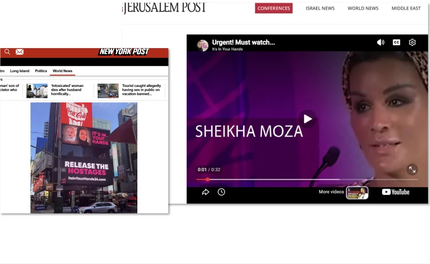 Figure 57. New York Post and Jerusalem Post coverage of the Times Square billboard and the “It’s In Your Hands” video.