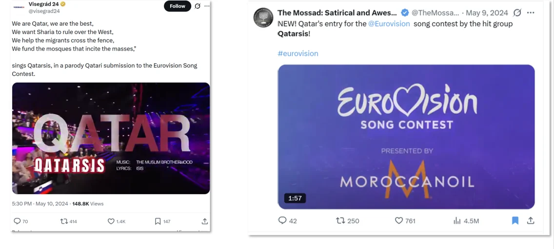 Figure 45. The Qatarsis Eurovision parody as shared on X by Visegrád 24 and @TheMossad, May 2024.