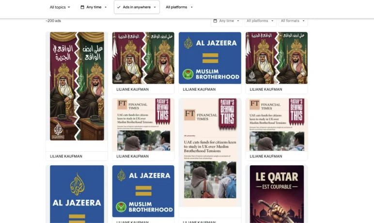 Figure 65. Google Ads Transparency Center listing for the Liliane Kaufman advertiser record: creatives styled as Al Jaze