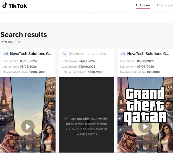 Figure 46. TikTok Ad Library results for NovaTech Solutions GmbH: Grand Theft Qatar creatives, one removed for violating