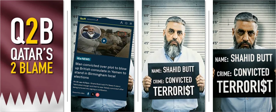 Figure 11. Frames from the UK-targeted 2026 material: Q2B (“Qatar’s 2 Blame”) and an ITV News report re-cut as a police 