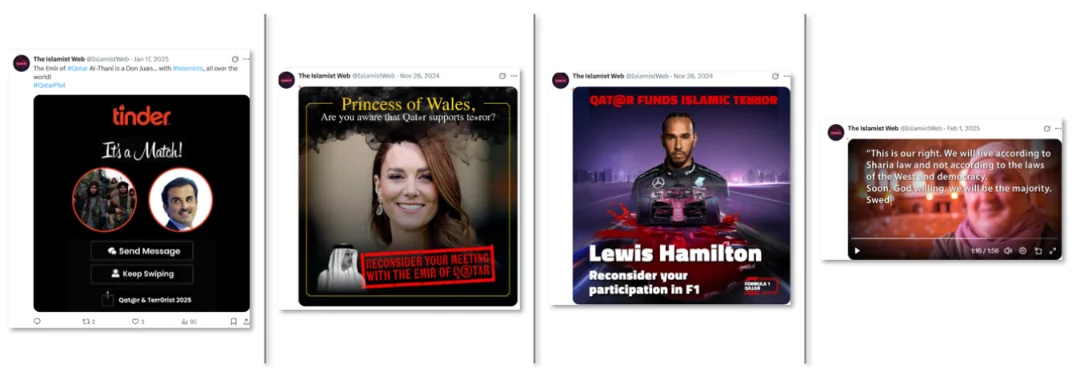 Figure 41. Posts from @TheQatarPlot, later renamed @IslamistWeb, on Formula 1 and the Princess of Wales.