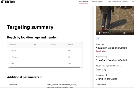 Figure 68. TikTok Ad Library entry for a Grand Theft Qatar advertisement placed and paid for by NovaTech Solutions GmbH.