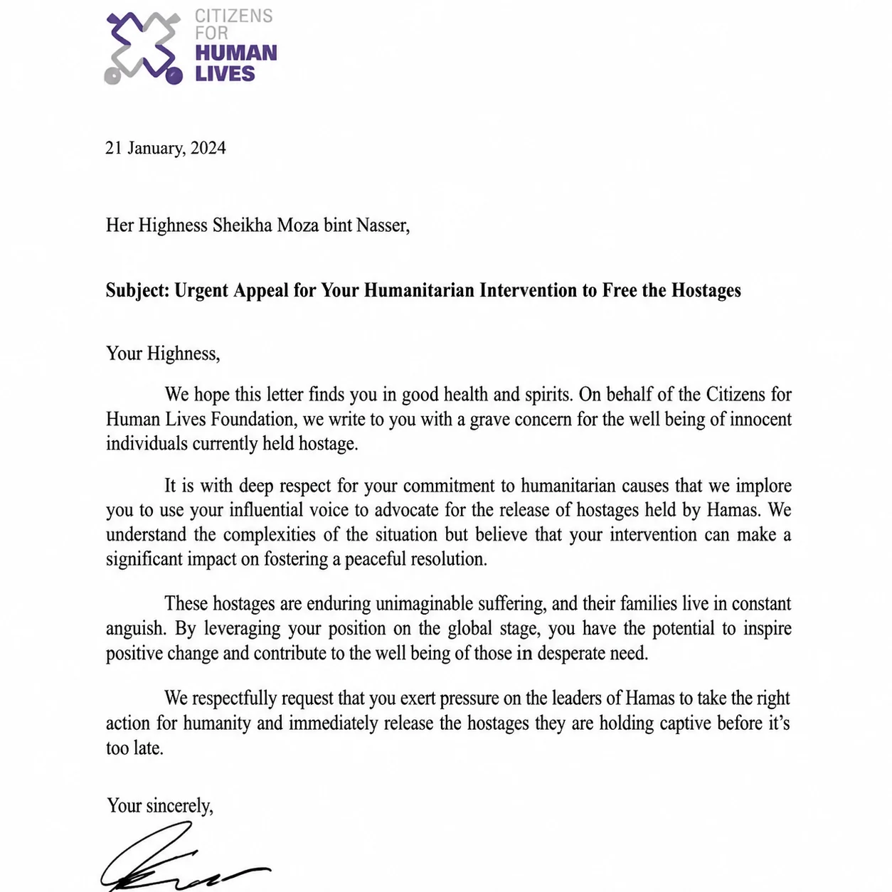 Figure 43. Letter of 21 January 2024 from “Citizens for Human Lives” to Sheikha Moza bint Nasser.