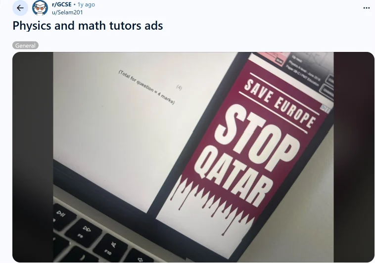 Figure 77. A post in r/GCSE showing the advertisement on a Physics and Maths Tutor page.