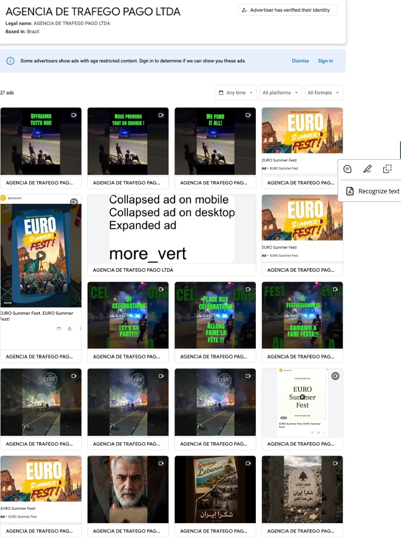 Figure 83. Google Ads Transparency Center listing for Agência de Tráfego Pago Ltda: the Euro Summer Fest and Lebanon-fac