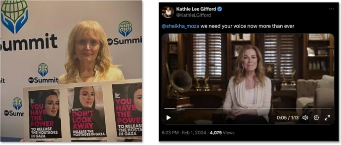 Figure 55. Kathie Lee Gifford’s post of 1 February 2024 addressing Sheikha Moza (4,079 views), and Katrina Lantos Swett 